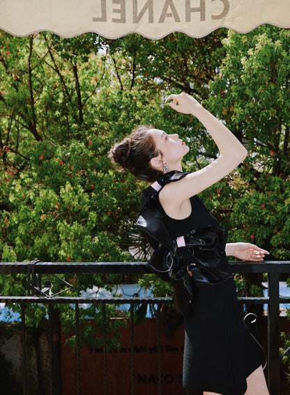 DOLLY High End Black Sleeveless Bow Off Shoulder Slim Fit Short Chic Date Dress-JUNEY