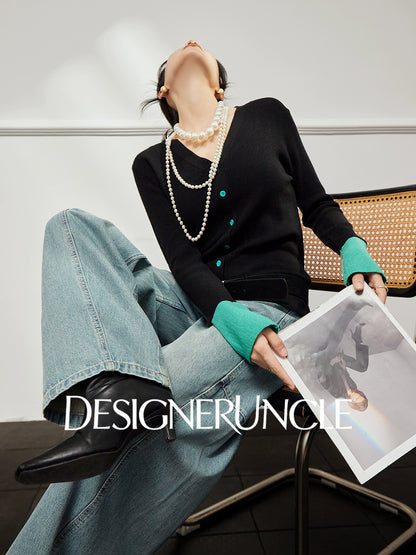 DGU×LAB|Black flared sleeve knitted color-blocked V-neck slim inner sweater - SAVD