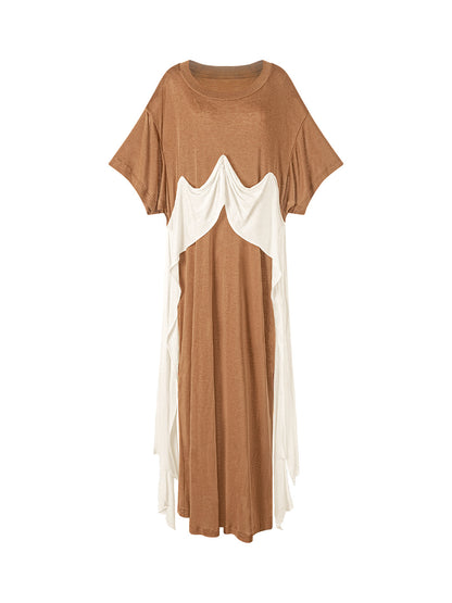 TUYUE brown crew neck loose draped design short sleeve dress - BROWN.