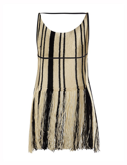 MAYALI contrast tassels khaki panels black stripes, summer dress - riiie