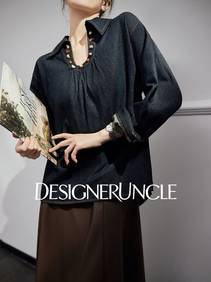 DGU "Fog Shadow" Denim New Retro Velvet Loose Slimming Commuter Top - SENT.