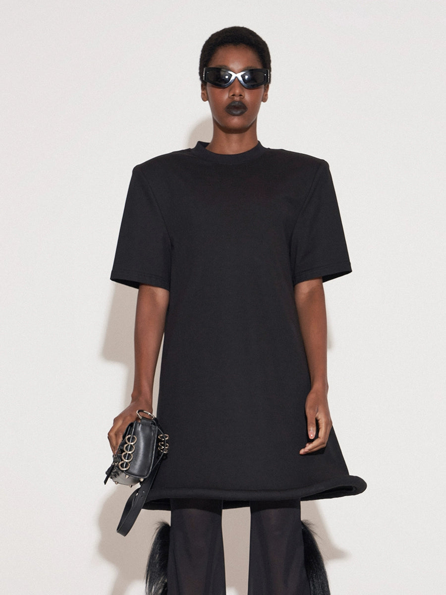 ANNAKIKI Black Saucer Hem Shoulder Padded Loose Dress-SHIRA
