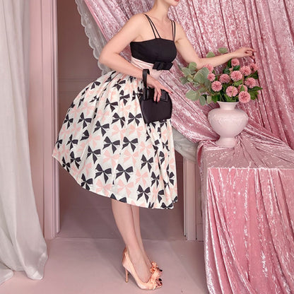 Le Palais  50s classic pink and black contrast bow cinched waist Dress-WENDY