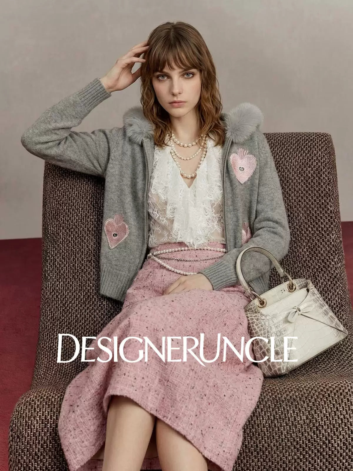 DGU×LAB Gray Heart-Eye Embroidered Fur Collar Knitted Jacket - MIN
