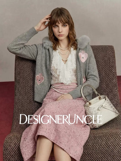 DGU×LAB Gray Heart-Eye Embroidered Fur Collar Knitted Jacket - MIN