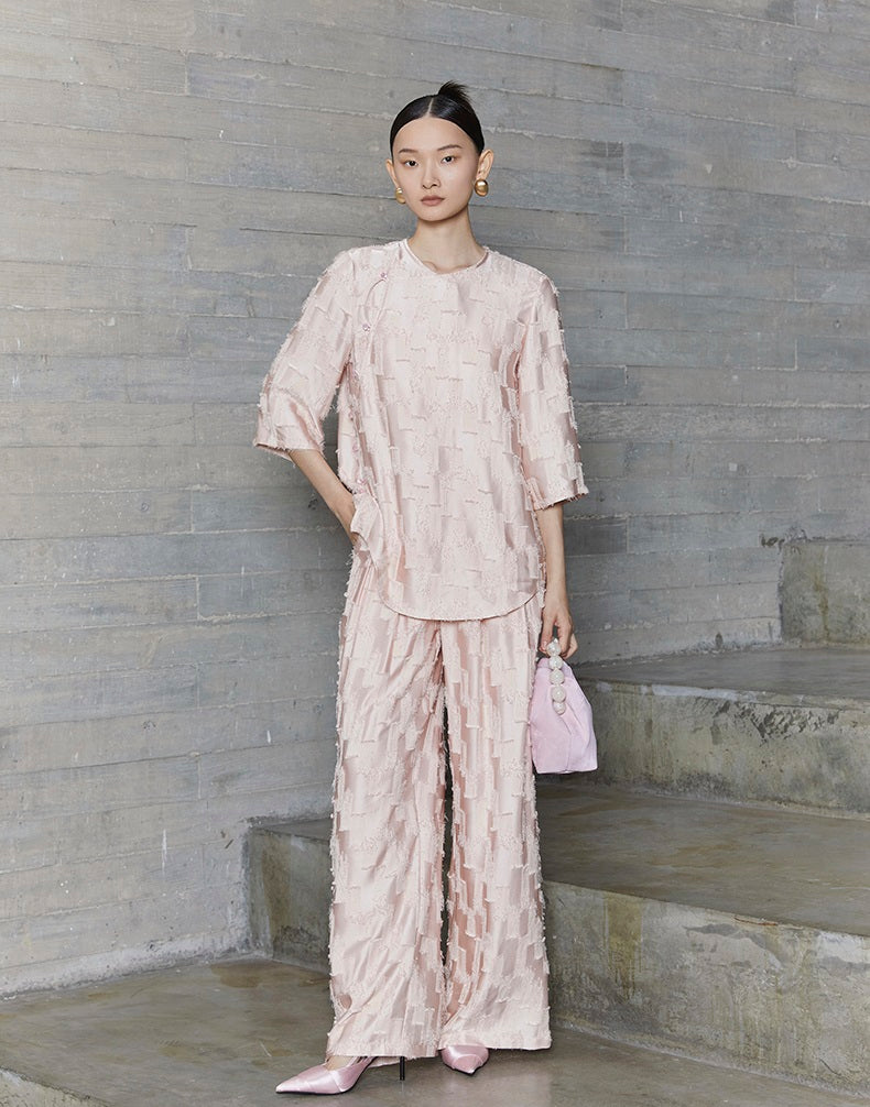 HECO Round Neck Square Tassel Design Texture Shirt Top Women - reign.