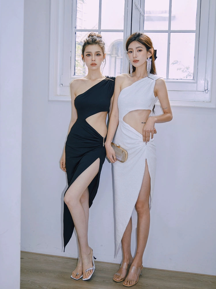 DOLLY Luxury Slopping Shoulder Sleeveless Waist Baring Sexy Cocktail Dress-AGAPE