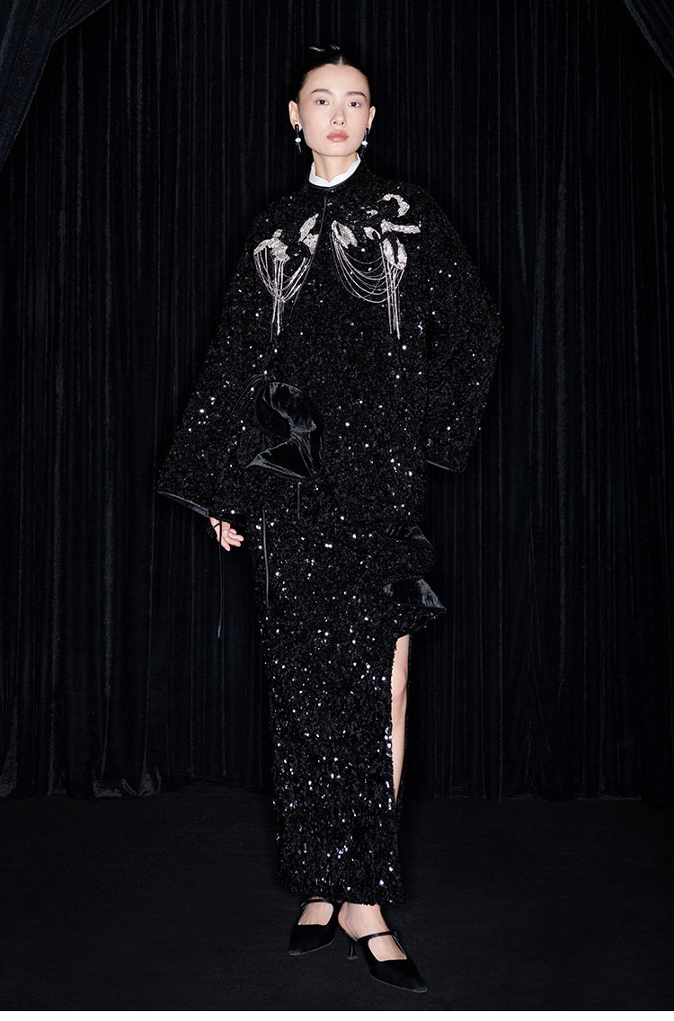 M essential Mackay designer three-dimensional silver orchid catenary beaded jacket - sill.