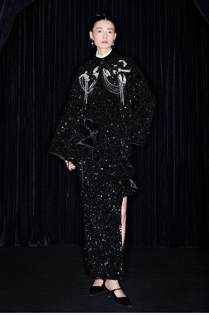 M essential Mackay designer three-dimensional silver orchid catenary beaded jacket - sill.