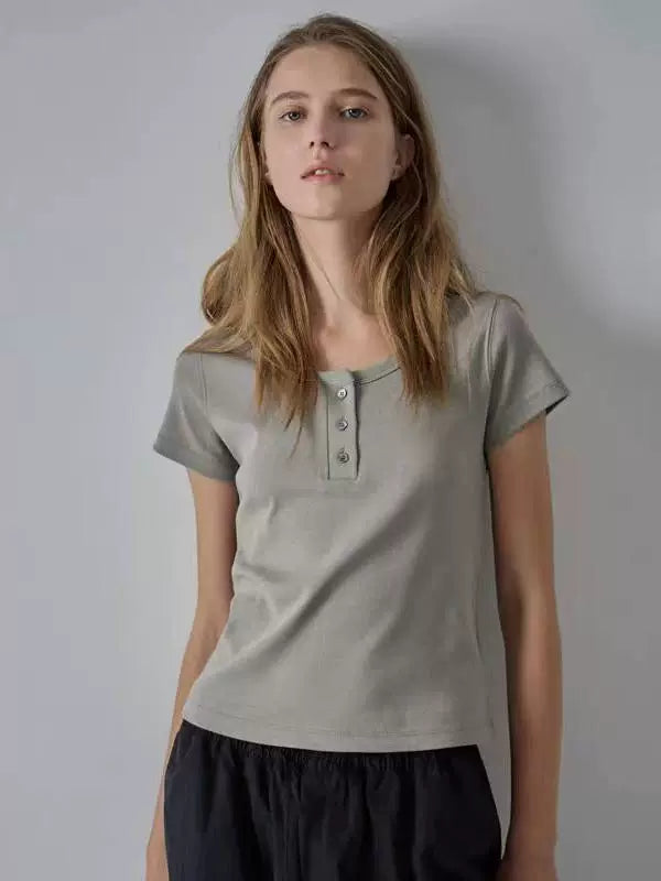 Nothing Written short sleeve t-shirt simple slim fit solid color casual crop top-LUNA.