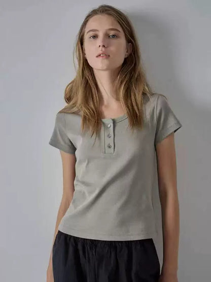 Nothing Written short sleeve t-shirt simple slim fit solid color casual crop top-LUNA.