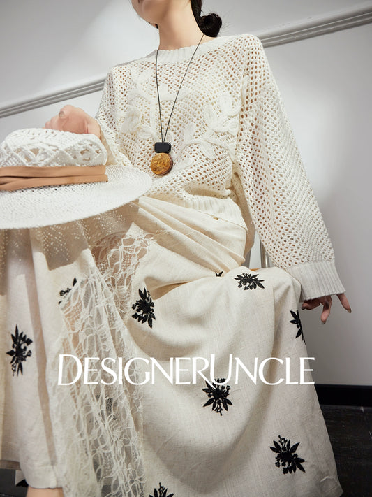 DGU|White sweater new loose design niche pullover light luxury hollow knitted top - BEHOLD.