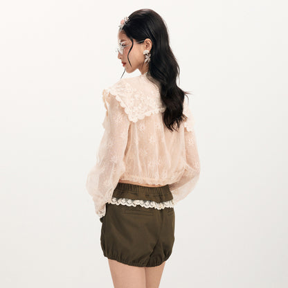 FAME Bouquet Embroidered Lace Shawl Collar Sheer Smock Top - ANGELA.