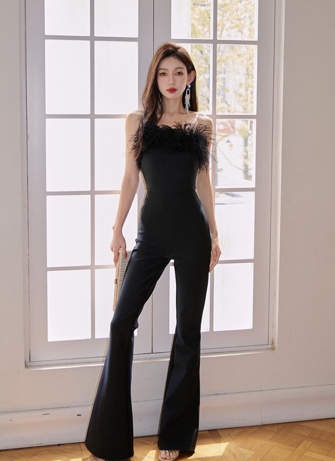 DOLLY High End Black Sleeveless Feather Tube Top Long Flared Pant Jumpsuit-PALMER