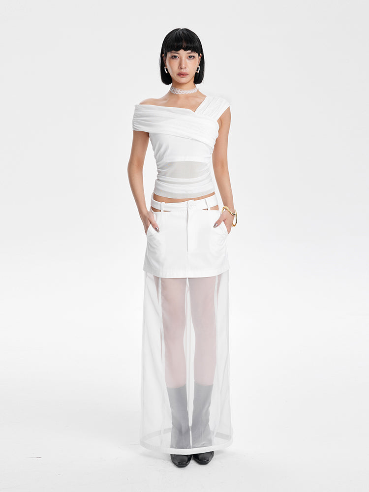 TINY IN short sleeve irregular slim mesh top -ASH