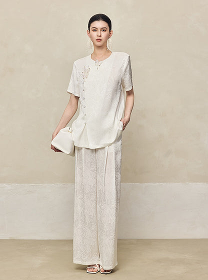 HECO Jacquard Drapy Wide-leg High Waist Casual Black White Pants - COMMAND.