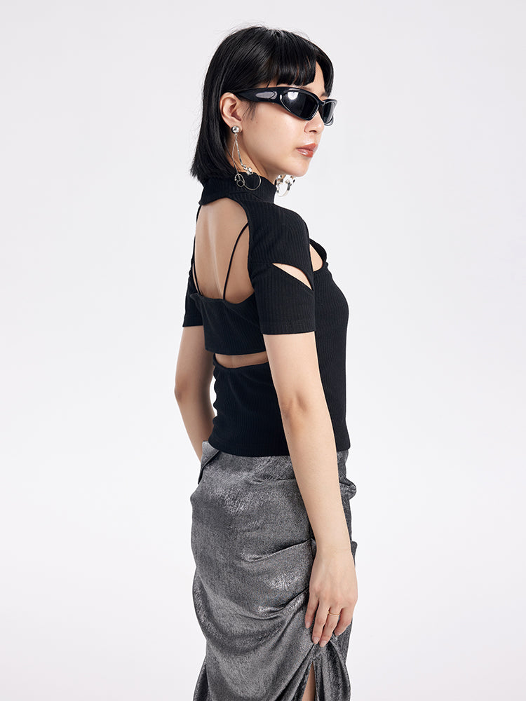 TINY IN cut-out high neck u-neck short sleeve fake two-piece top - COM