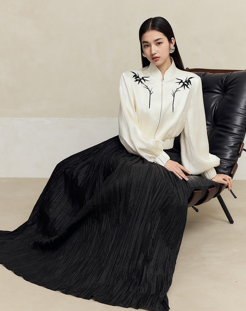 HECO striped texture swing high waist black green women's long skirt - muse.