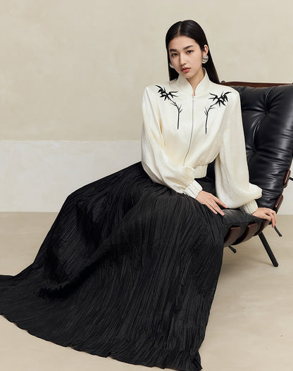 HECO striped texture swing high waist black green women's long skirt - muse.