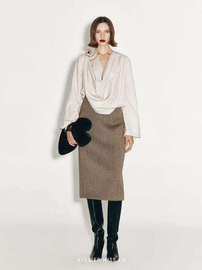 ATELIER MISS LU New Swing-neck Design Worsted Sheep Wool Top - NATE