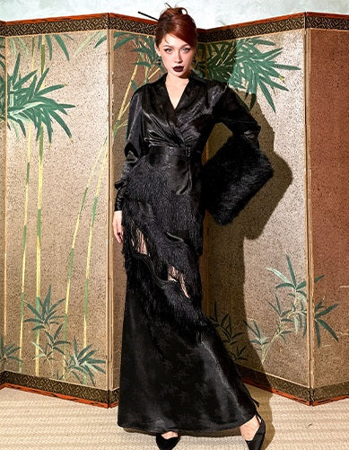 Le Palais Vintage High End sleeveless stain wrapped shirt tassel  sexy long black dress-Alora