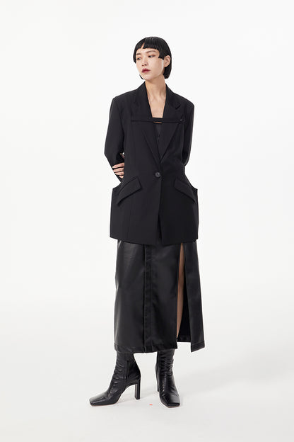 TINYIN  waist silhouette blazer women's one-button mid-length green black-ZYN