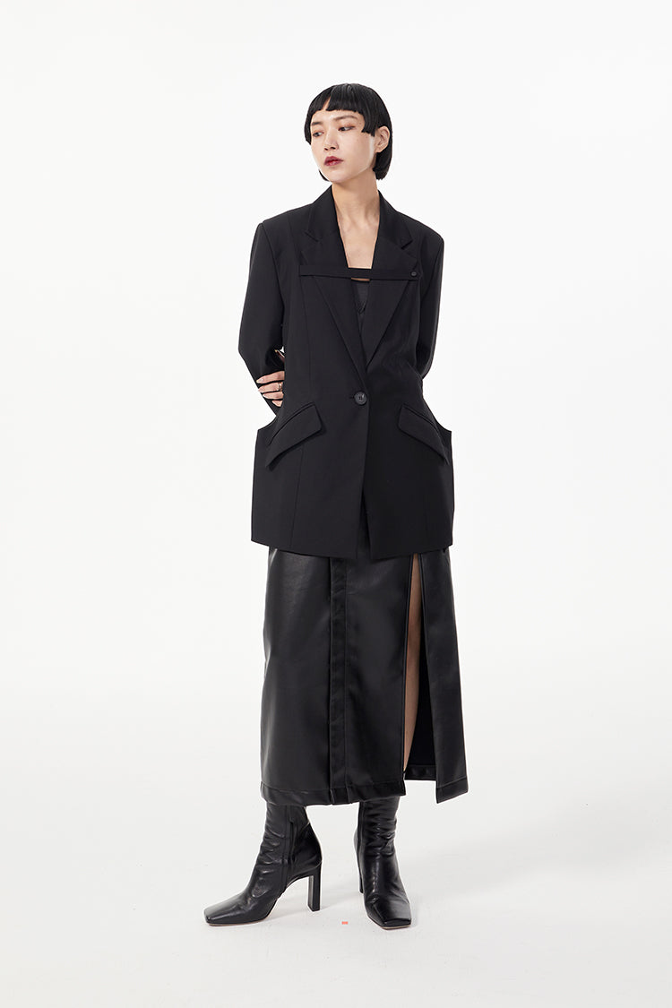 TINYIN  waist silhouette blazer women's one-button mid-length green black-CHI