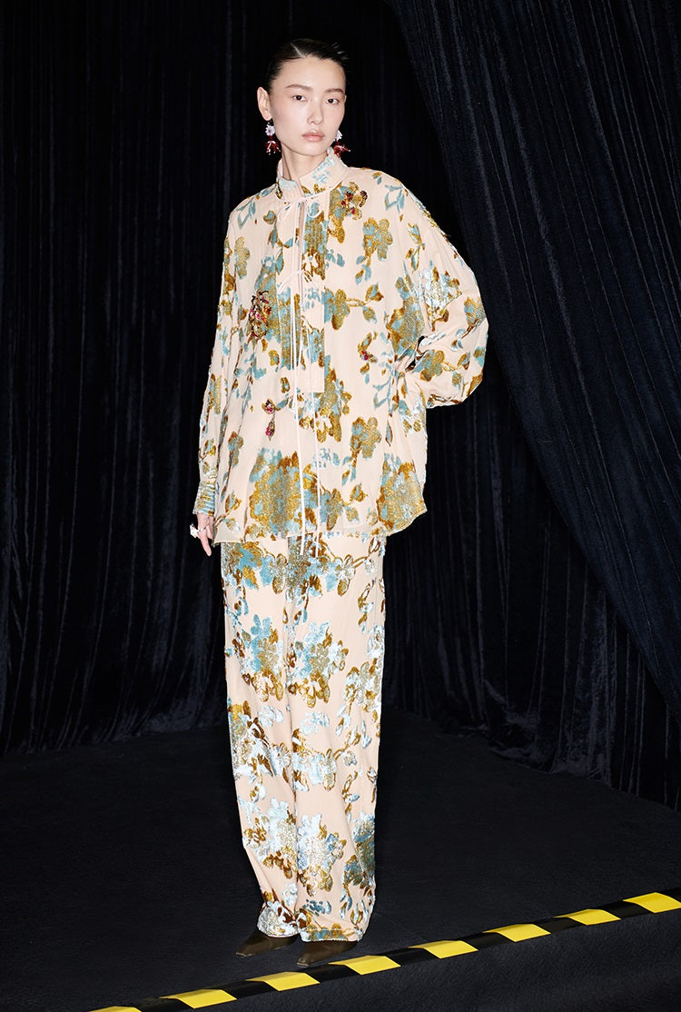 M essential Mackay designer brand Qili burnt flower velvet beads loose top - WORD.