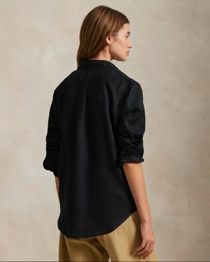 PIAOIN style loose linen shirt jacket with small logo design versatile and stylish-ROSEMARY