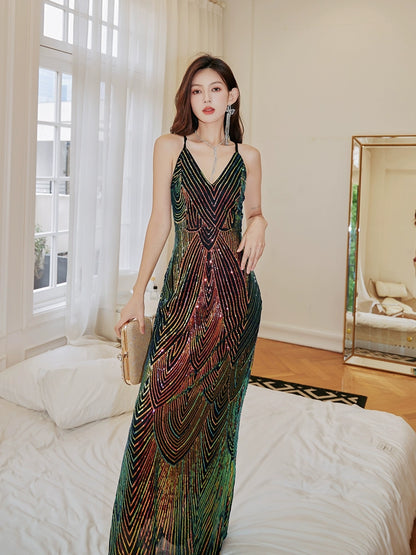 DOLLY Elegant Colorful Black Sleeveless Sequin Long Suspender Banquet Dress-LUNE