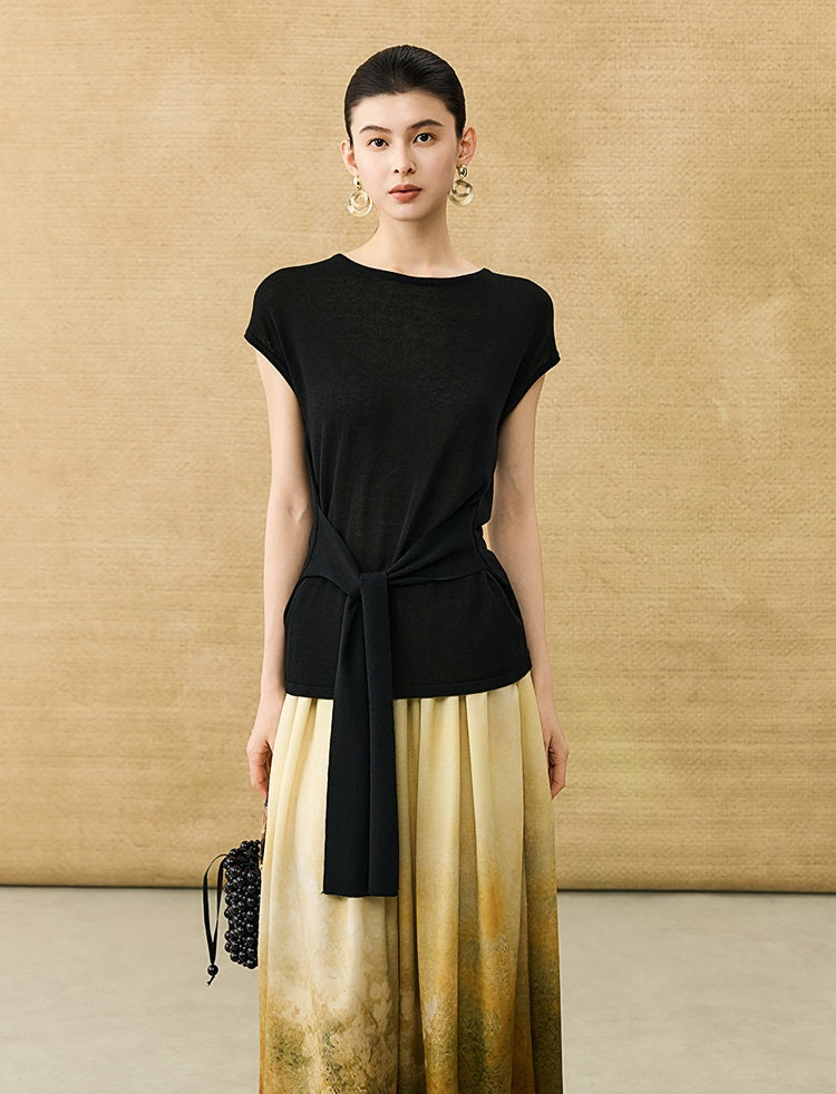 HECO Chinese Slimming Waist Linen Knit Breathable Crew Neck T-Shirt - INDIGO.