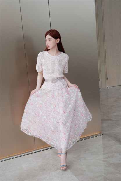 Wardrobes by Chen Elegant Pink Sequin Embroidered Long midi Skirt - Jiaa