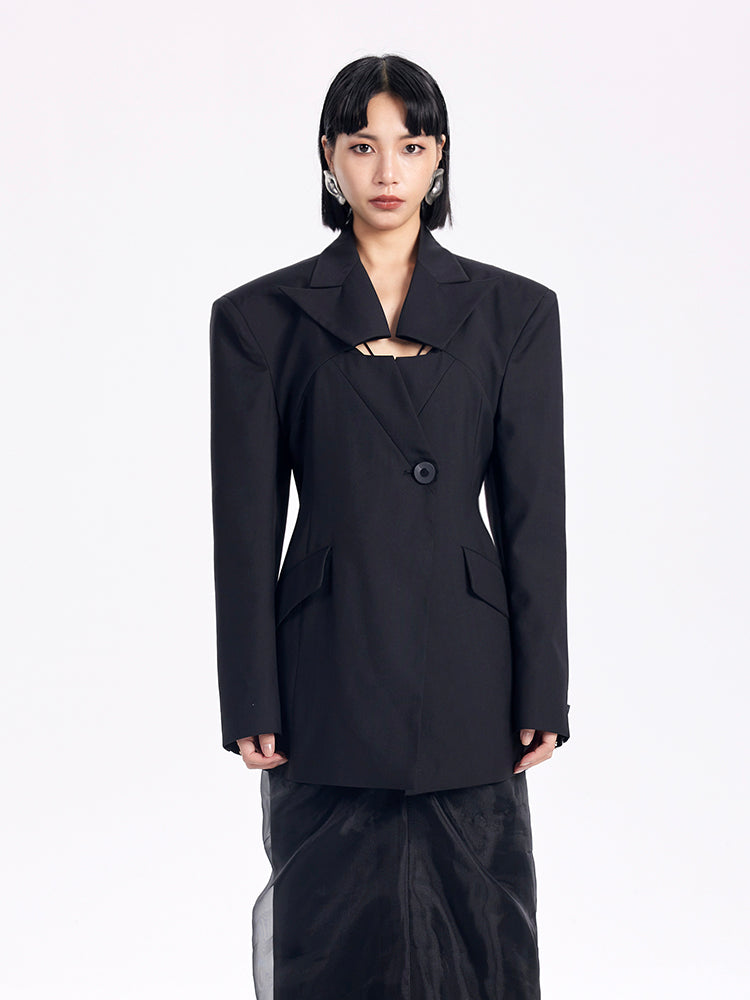 TINY IN casual black cut-out collar waist coat-SYAD
