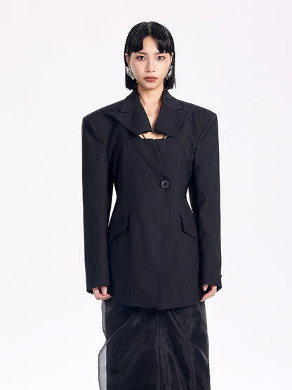 TINY IN casual black cut-out collar waist coat-SYAD