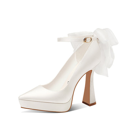 Pjjuu White Satin Wedding Block Heels  - TAKES
