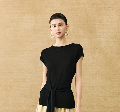 HECO Chinese Slimming Waist Linen Knit Breathable Crew Neck T-Shirt - INDIGO.