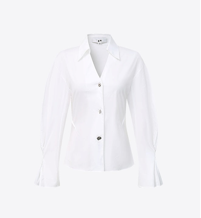 COMME MOI Lu Yan designer's new women's white cotton elastic V-neck commuter shirt - GIFTED.