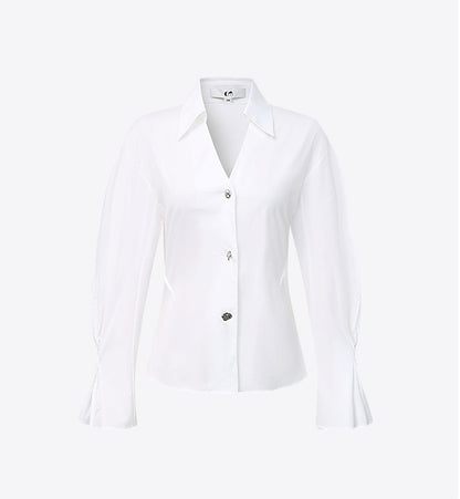 COMME MOI Lu Yan designer's new women's white cotton elastic V-neck commuter shirt - GIFTED.