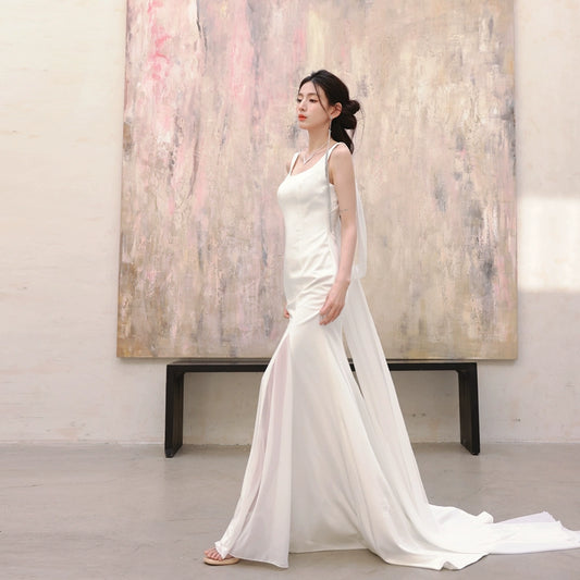 DOLLY Luxury White Graceful Sleeveless Square Collar Wedding Dress-MARY