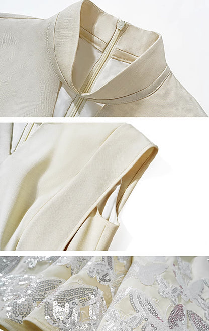 HECO Jacquard Acetate Hollow Stand Collar Thin A-line  Black White Dress Women - WEIGHT.