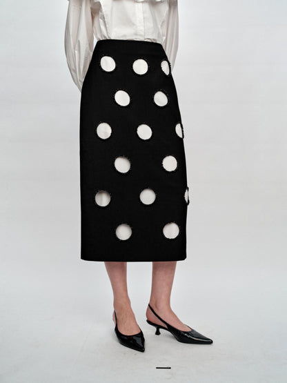 SERRER Black and white polka dot cut-out heavy studded beaded skirt - ALEXANDER.