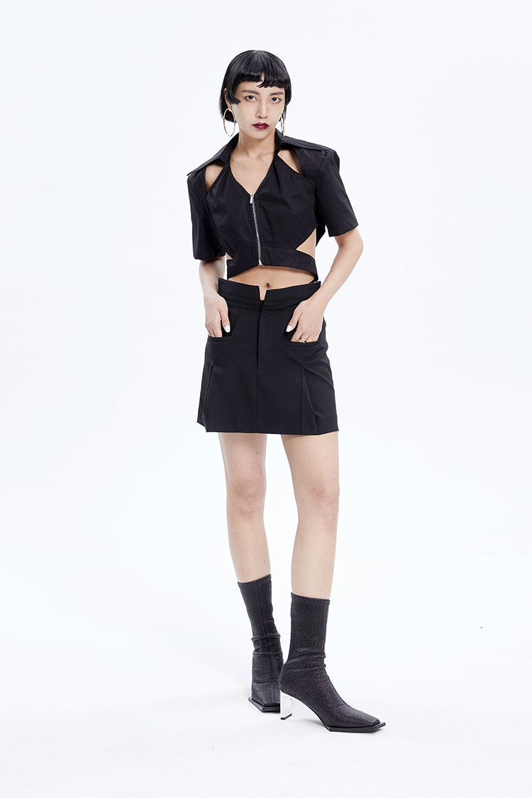 Tiny IN low-waisted contrasting turn-up short pressed pleats skirt-LULU