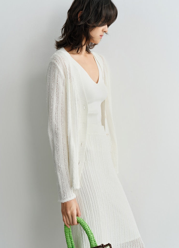 COMME MOI  Women's White Cutout Raw Edge Knitted Cardigan - MAYA.