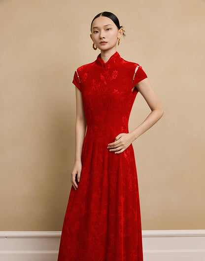 HECO Velvet Embossed Red Black Long Dress Women's- EXPECT.