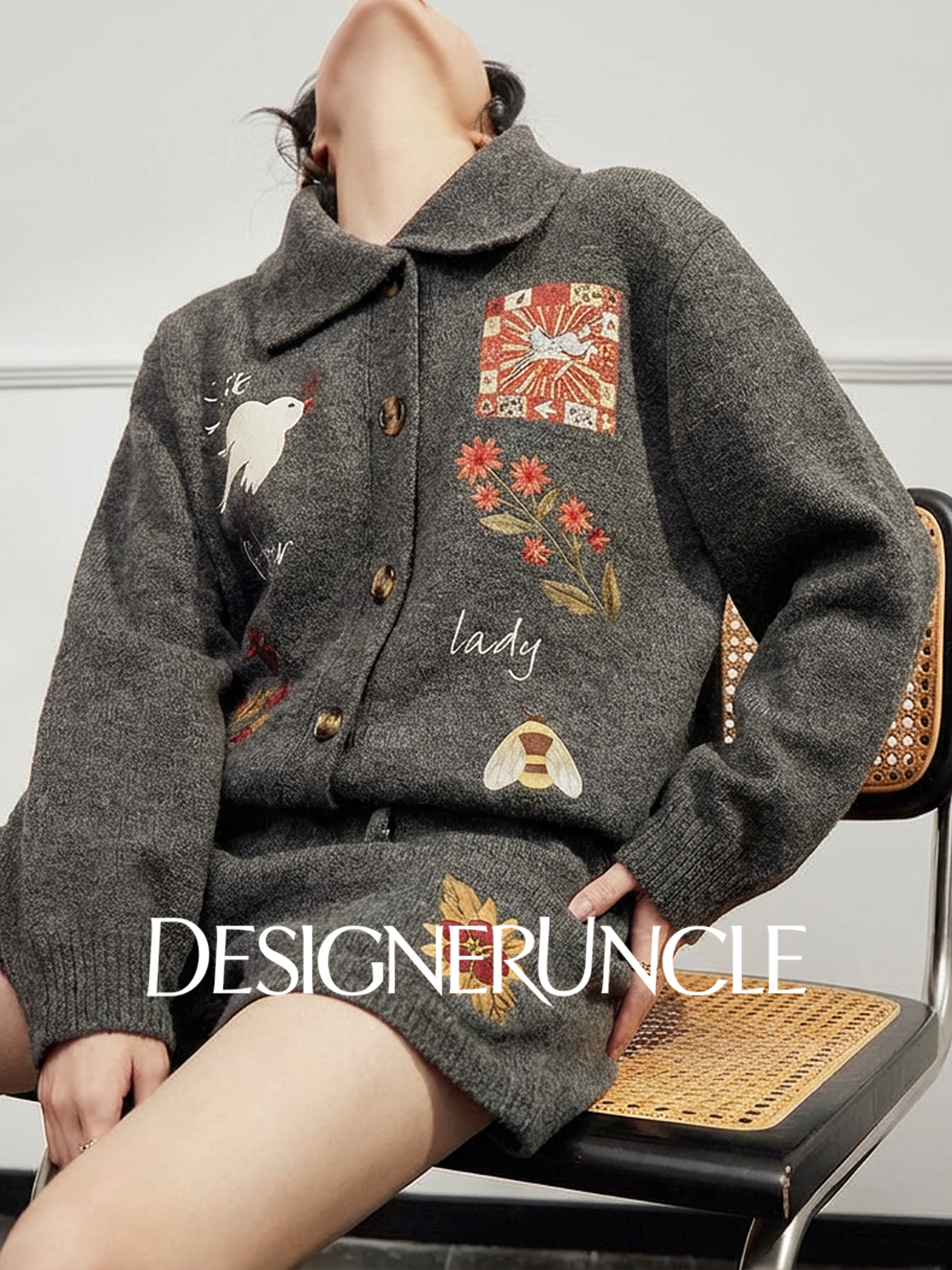 DGU×LAB|Gray Suit Printed Cardigan Knitted Shorts Two-Piece Set - PRESENCE