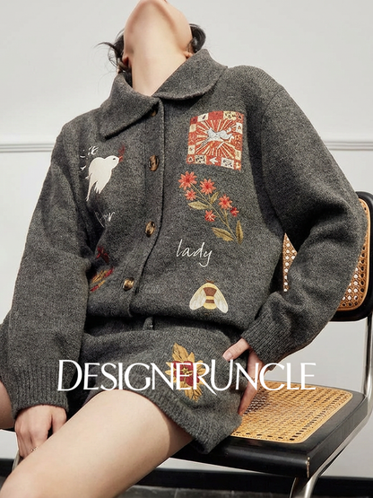 DGU×LAB|Gray Suit Printed Cardigan Knitted Shorts Two-Piece Set - PRESENCE