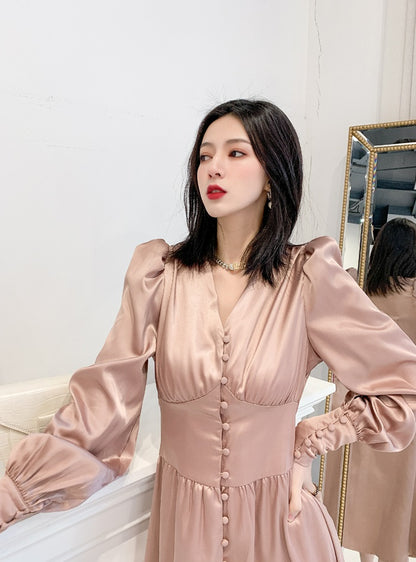 DOLLY Elegant V-Neck Long Lantern Sleeve Long Button Church Dress-NANA