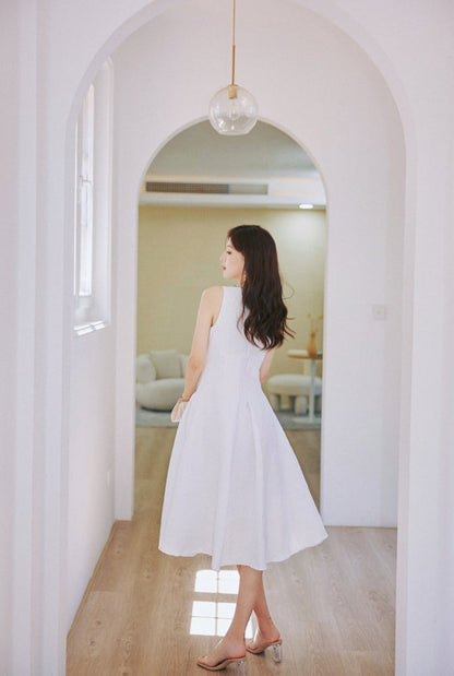 DOLLY Elegant White Crew Neck Sleeveless Long A-Line Dinner Dress-SIBYL