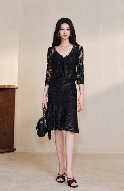 WANGXO | Lace-Up Cardigan & Irregular Double Fishtail Hip Skirt Set -KAIA