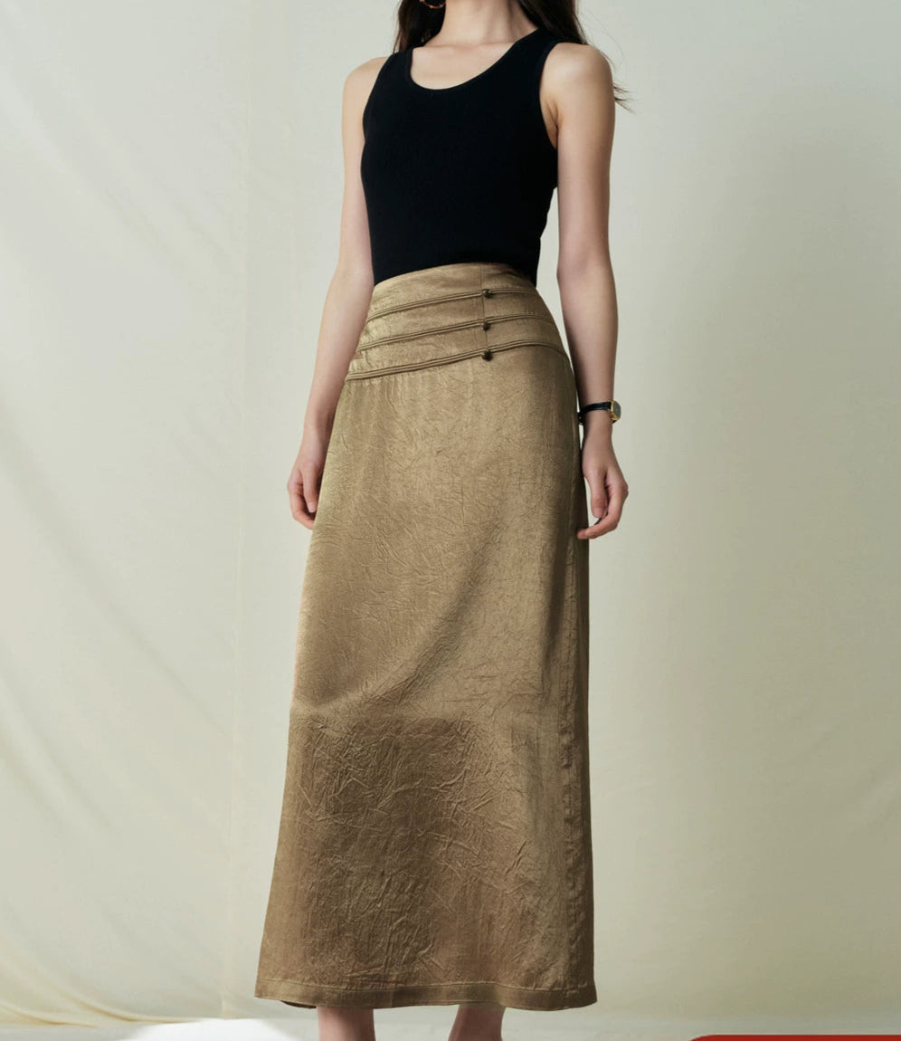 SUSHE Light Chinese acetate scratch satin high waist long skirt female -JESSICA